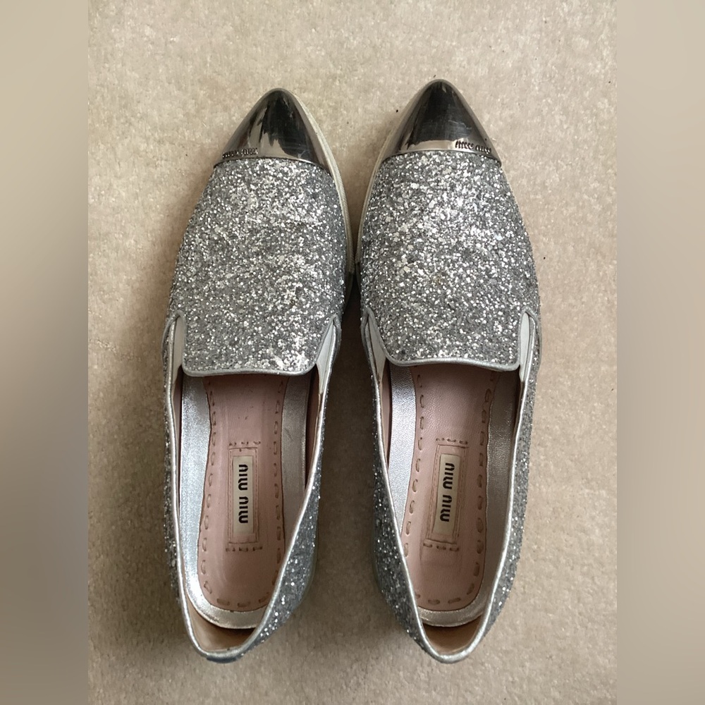 Miu Miu Silver Glitter Slip-On Shoes 38